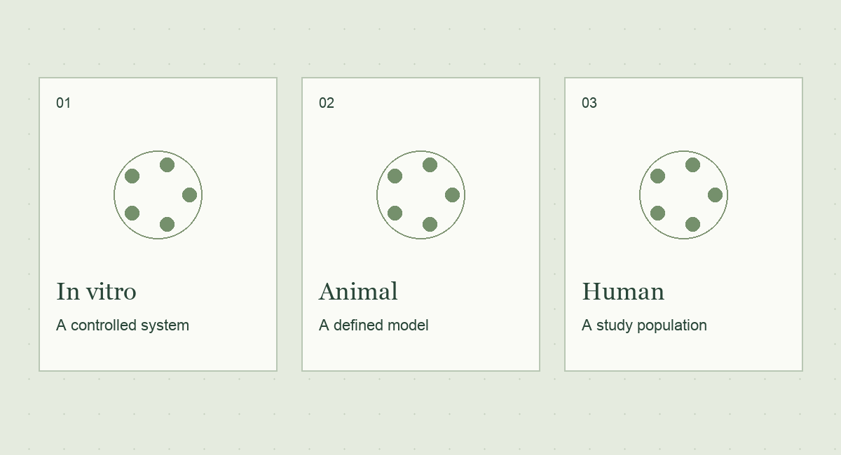 Three distinct research contexts: cells, animals and human studies